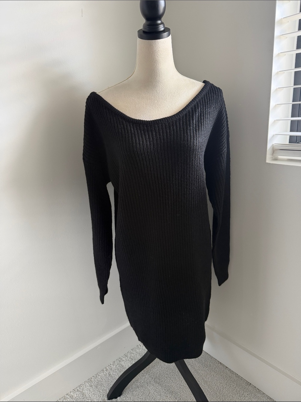 PrettyLittleThing Black Off-Shoulder Ribbed Sweater Dress